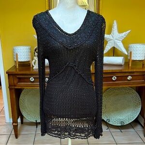 Pierri New York Women’s Grey Y2K Crochet Open Knit Beaded Baby Doll Blouse Lrg